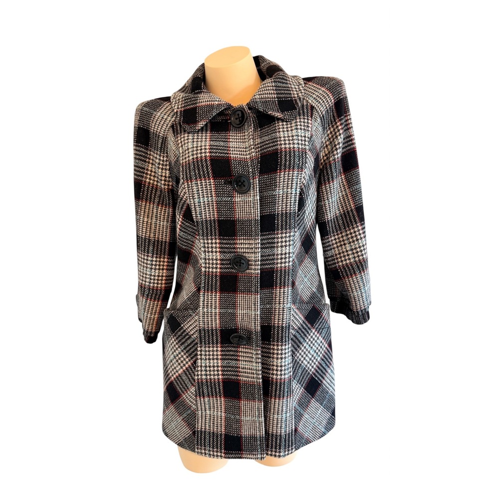 Guess Jeans Plaid Wool Blend Coat Womens L Black White Red Preppy Academia - Picture 3 of 16